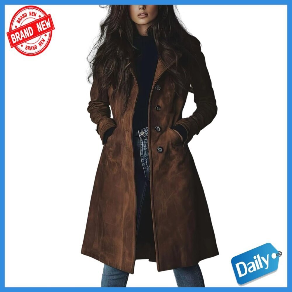 Faux Suede Trench Coat Women's Slim Fit Long Button Down Overcoat